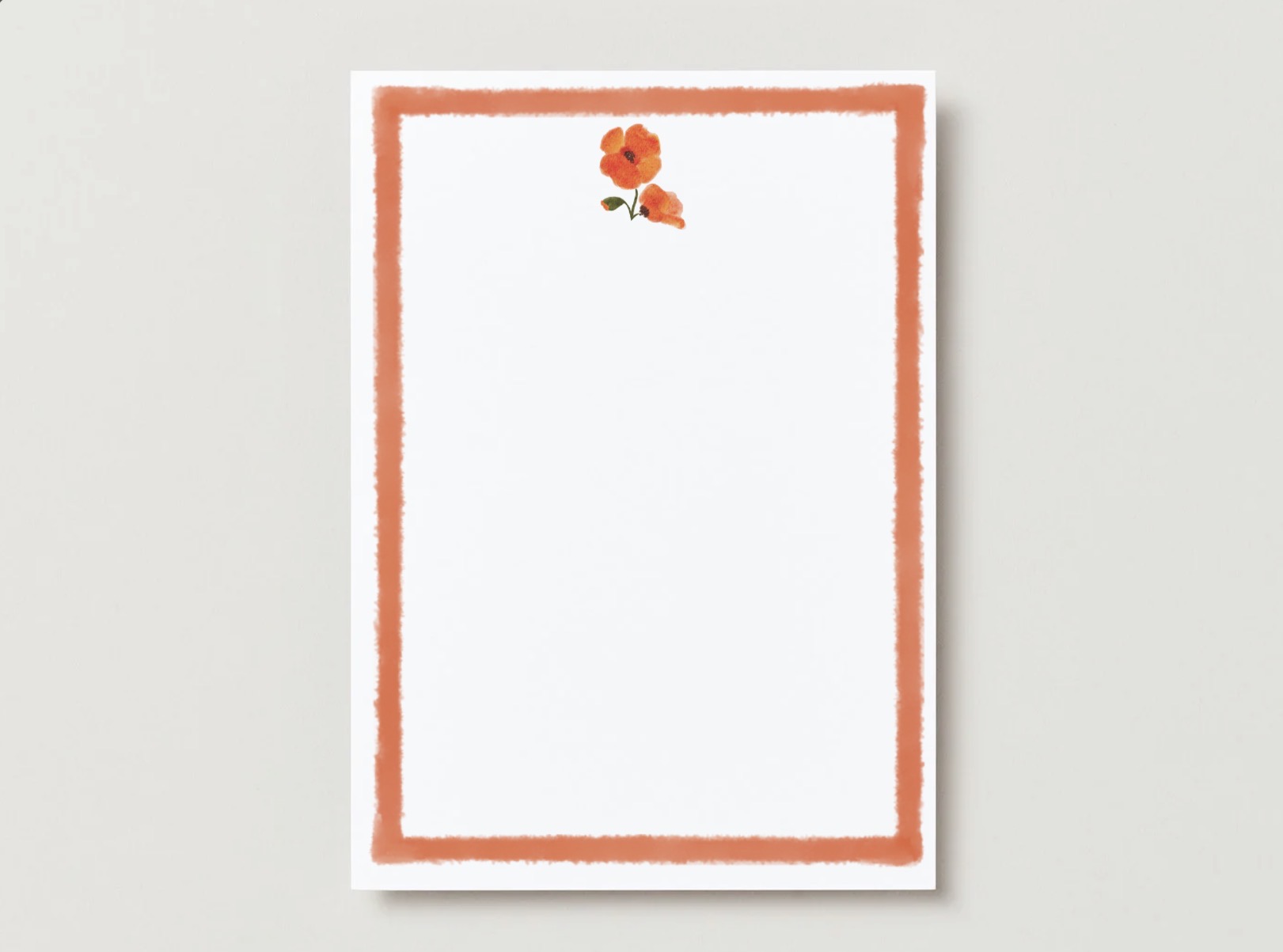 Poppy birth flower A7 flat card with a bold orange border on a pale gray background