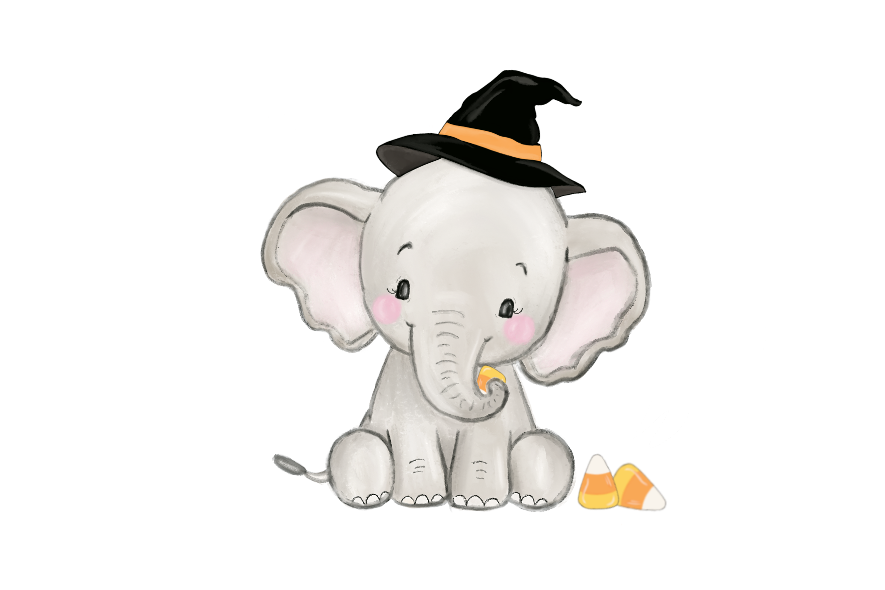 Gracie elephant in a witch hat with candy corn