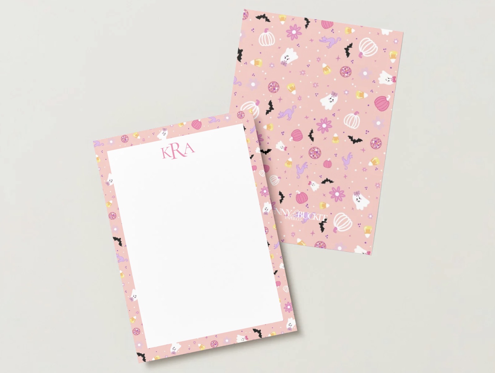Disco Boo personalized stationery in pink, front and back, on a pale gray background